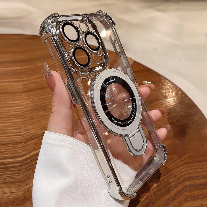 For iPhone 15 Pro Max Bracket Magsafe Case Luxury Transparent Plating Airbag Magnetic Cover for iPhone 11 12 13 14 Pro Max Plus